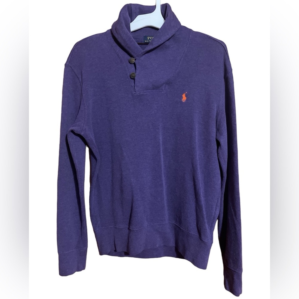 •POLO BY RALPH LAUREN•MEN PURPLE/ORANGE LOGO HORSE SHAWL NECK KNIT SWEATER SMALL